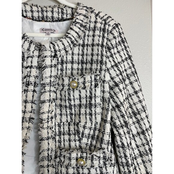 Chic Tweed Pearl Button Crop Jacket | Black White Plaid Bouclé Blazer S - Picture 7 of 9